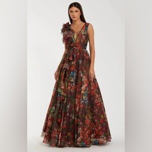 Mac Duggal Burgundy Multicolor Floral Maxi Dress